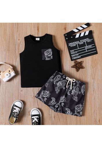 2pcs Toddler Boy Boho Pocket Design Sleeveless Tee and Allover Print Shorts Set