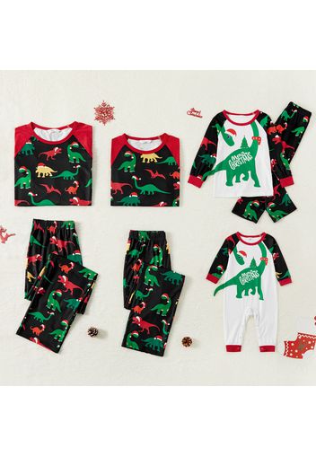 Christmas Allover Dinosaur Print Raglan Long-sleeve Family Matching Pajamas Sets (Flame Resistant)