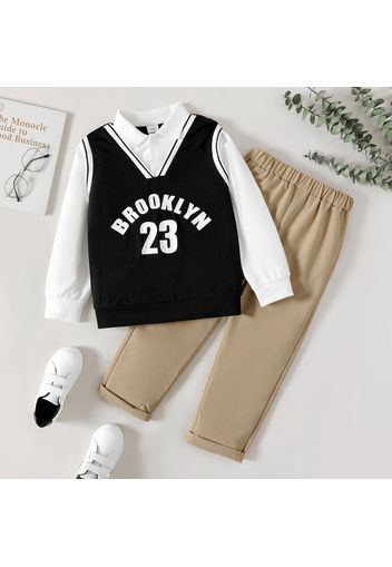 2pcs Kid Boy Preppy style Faux-two Letter Print Lapel Collar Long-sleeve Top and Elasticized Khaki Pants Set