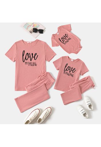 Letter Embroidered Pink Rib Knit Short-sleeve Tee and Drawstring Pants Sets for Mom and Me