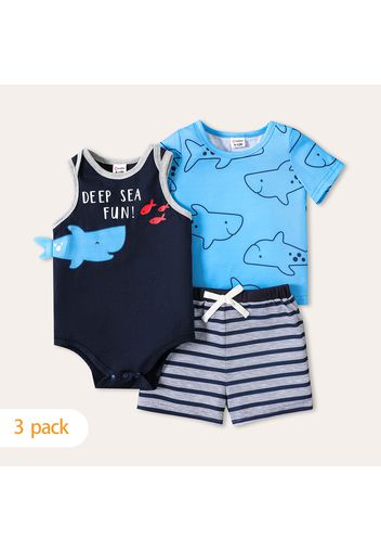 3-Pack Baby Boy 100% Cotton Cartoon Shark & Letter Print Tank Romper and Short-sleeve Tee with Striped Shorts Set