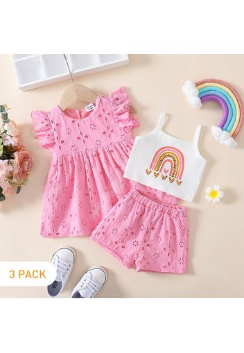 3-Pack Baby Girl 95% Cotton Rainbow Print Cami Top and Pink Eyelet Embroidered Shorts with Flutter-sleeve Dress Set