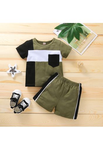 2pcs Toddler Boy Casual Colorblock Pocket Design Tee & Shorts Set