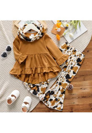 3-piece Toddler Girl Ruffled Long-sleeve High Low Top, Allover Print Flared Pants and Scarf Set