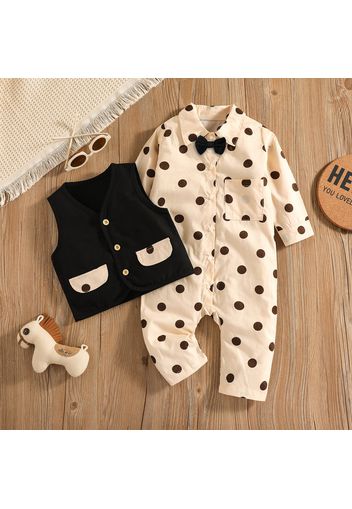 100% Cotton 2pcs Baby Boy Polka Dots Long-sleeve Bow Tie Jumpsuit and Gentleman Waistcoat Set