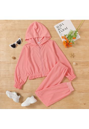 2-piece Kid Girl Ruffled Long-sleeve Zipper Solid Hoodie and Elasticized Pants Casual Set