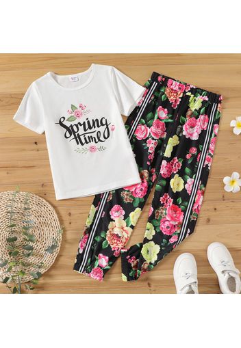 2-piece Kid Girl Letter Floral Print White Tee and Elasticized Striped Pants Set