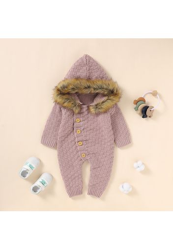 Baby Boy/Girl Solid Knit Button Down Long-sleeve Faux Fur Hooded Jumpsuit