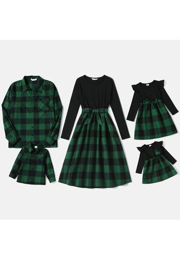 Family Matching Plaid Long-sleeve Splicing Belted Midi Dresses and Shirts Sets