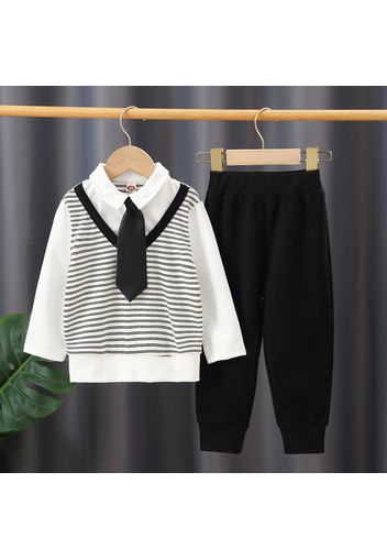 2-piece Toddler Boy 100% Cotton Stripe Faux-two Long-sleeve Top and Black Pants Set (Tie is included)