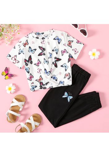 2-piece Kid Girl Butterfly Print Twist Front Tee and Elasticized Black Pants Set