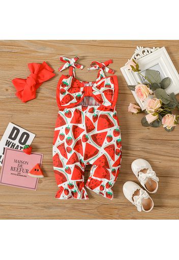 2pcs Baby Girl Allover Watermelon  Print Sleeveless Spaghetti Strap Jumpsuit with Headband Set