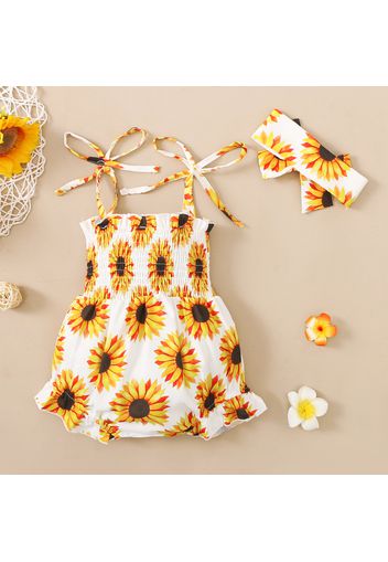 2pcs Baby Girl Floral Print Sleeveless Spaghetti Strap Shirred Romper with Headband Set