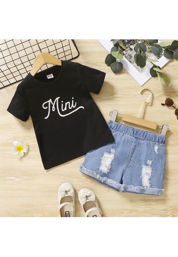 2pcs Toddler Girl Letter Print Short-sleeve Black Tee and Ripped Denim Shorts Set