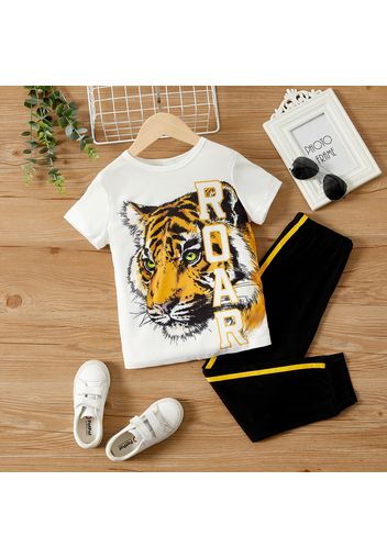 2pcs Kid Boy Letter Animal Tiger Print Short-sleeve Tee and Striped Pants Set