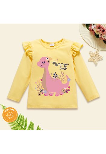 Toddler Girl Graphics Dinosaur and Plant and Letter Print Ruffled Long-sleeve Tee