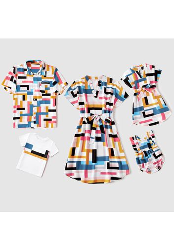 Family Matching Allover Geo Print Notch Neck Short-sleeve Belted Dresses and Tops Sets