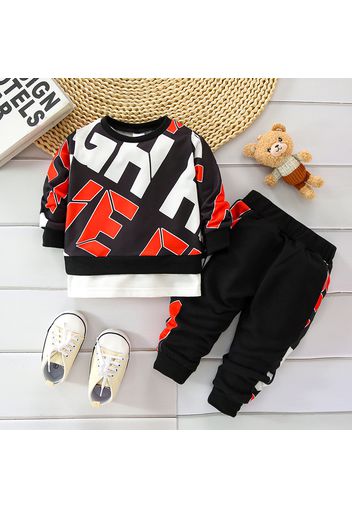 2pcs Baby Boy All Over Letter Print Long-sleeve Pullover Sweatshirt and Joggers Pants Set