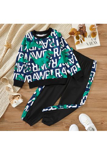 2-piece Kid Boy Letter Dinosaur Print Pullover Sweatshirt and Pants Set