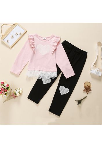 2-piece Toddler Girl Ruffled Heart Lace Design Long-sleeve Pink Top and Black Pants Set