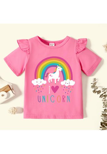 Toddler Girl Graphic Unicorn and Rainbow and Heart Print Ruffled Short-sleeve Tee