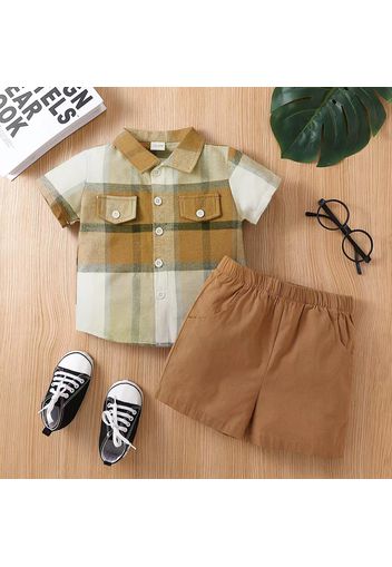 2pcs Toddler Boy Casual Plaid Shirt and Elasticized Shorts Set