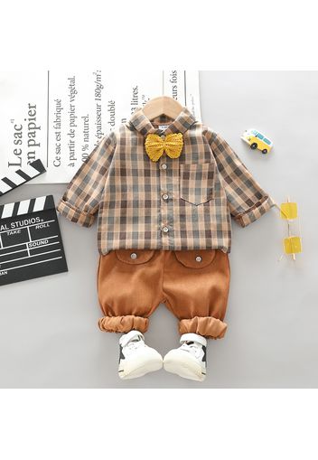 2pcs Baby Bow Tie Long-sleeve Plaid Shirt and Corduroy Pants Set