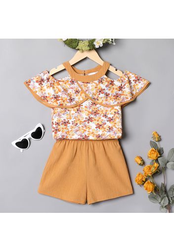 2-piece Kid Girl Floral Print Cold Shoulder Short-sleeve Top and Solid Color Shorts Set