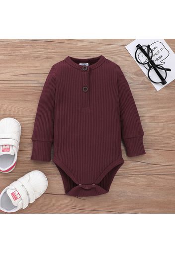 Ribbed Solid Front Button Long-sleeve Baby Romper