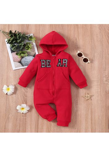 Baby Boy/Girl Letter Embroidered Thickened Fleece Lined Long-sleeve Hooded Jumpsuit