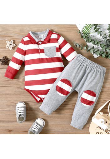 2pcs Baby Boy Red Striped Long-sleeve Button Up Romper and Trousers Set