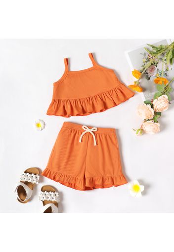 2-piece Toddler Girl Solid Color Ribbed Ruffled Camisole and Elasticized Shorts Set