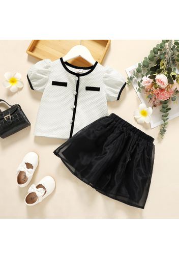 2pcs Toddler Girl Button Design Textured Tweed Short-sleeve Blouse and Black Mesh Skirt Set