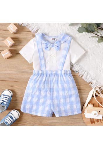 2pcs Baby Boy Preppy Style Short-sleeve Bow Tie Top and Plaid Suspender Shorts Set