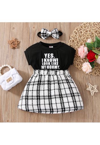 2pcs Baby Girl Letter Print Drop Shoulder Short-sleeve Rib Knit Spliced Tweed Dress with Headband Set