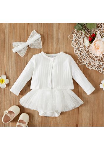 100% Cotton 3pcs Baby Solid Long-sleeve Cardigan and Spaghetti Strap Mesh Tutu Romper Dress Set