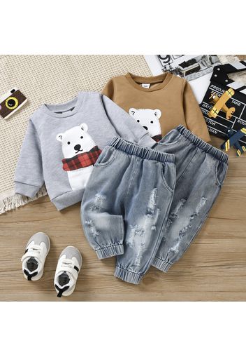 2pcs Baby Polar Bear Print Long-sleeve Sweatshirt and Ripped Denim Jeans Set