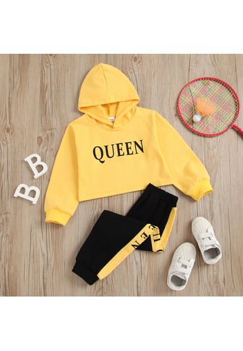 2-piece Toddler Girl Letter Print Yellow Hoodie Sweatshirt and Colorblock Elasticized Pants Casual Set