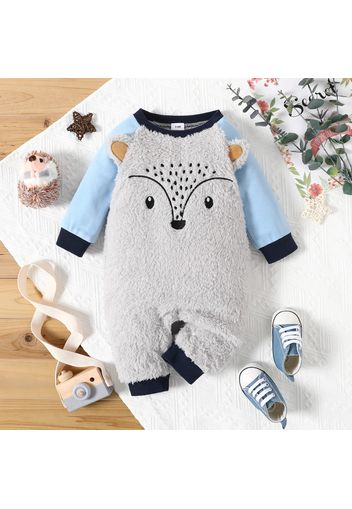 Baby Boy/Girl Cartoon Fox Pattern Grey Fuzzy Fleece Splicing Long-sleeve Jumpsuit