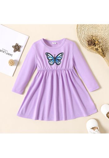 Toddler Girl Butterfly Print Waisted Long-sleeve Dress