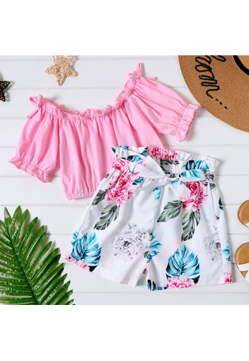 2pcs Kid Girl Ruffled Off Shoulder Short-sleeve Tee and Floral Print Belted Shorts Set