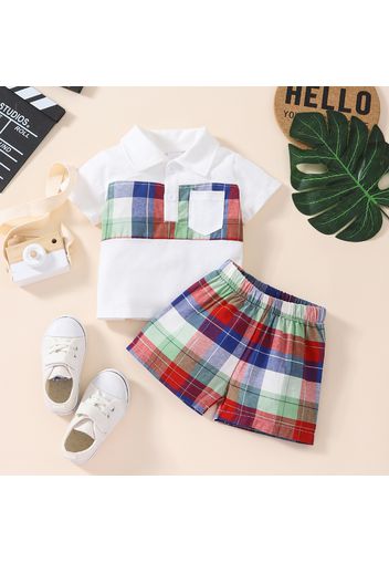 2pcs Baby Boy 100% Cotton Colorful Plaid Shorts and Polo Neck Short-sleeve Top Set