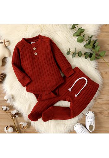 2-piece Baby Girl/Boy Solid Color Cable Knit Textured Button Design Long-sleeve Romper and Footie Pants Set