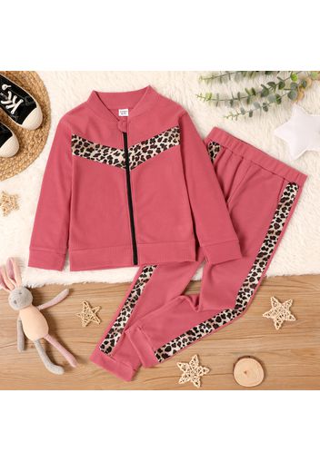 2-piece Kid Girl Leopard Print Colorblock Zipper Jacket and Pants Set