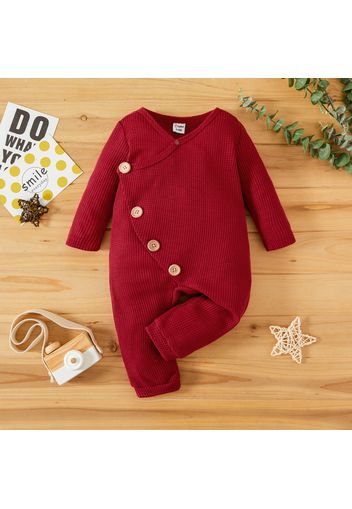 Baby Girl Striped Ribbed V Neck Long-sleeve Button Jumpsuit