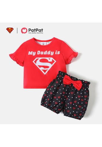 Superman 2pcs Toddler Girl Ruffled Short-sleeve Red Tee and Bowknot Design Heart Print Shorts Set