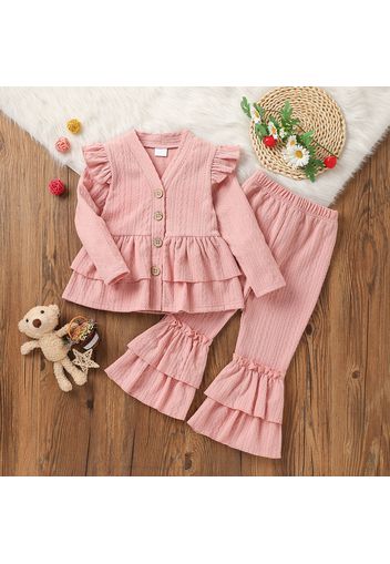 2-piece Toddler Girl Ruffled Cable Textured Layered Button Design Cardigan and Flared Pants Pink Set