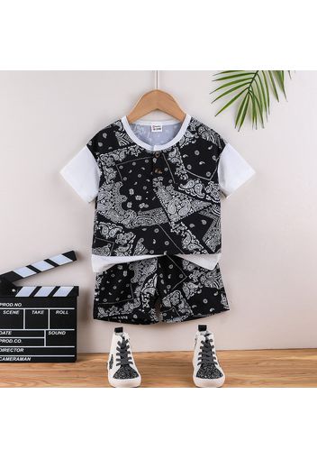 2pcs Toddler Boy Exotic Faux-two Short-sleeve Tee and Allover Print Shorts Set