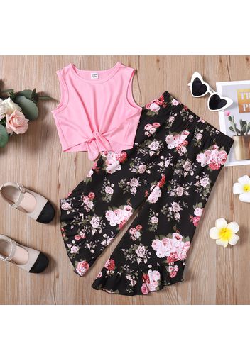 2pcs Kid Girl Tie Knot Sleeveless Pink Tee and Floral Print Irregular Cuff Capri Pants Set