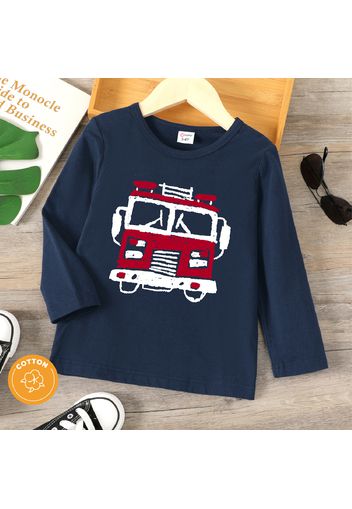 Toddler Boy Playful Vehicle Print Long-sleeve Dark Blue Tee